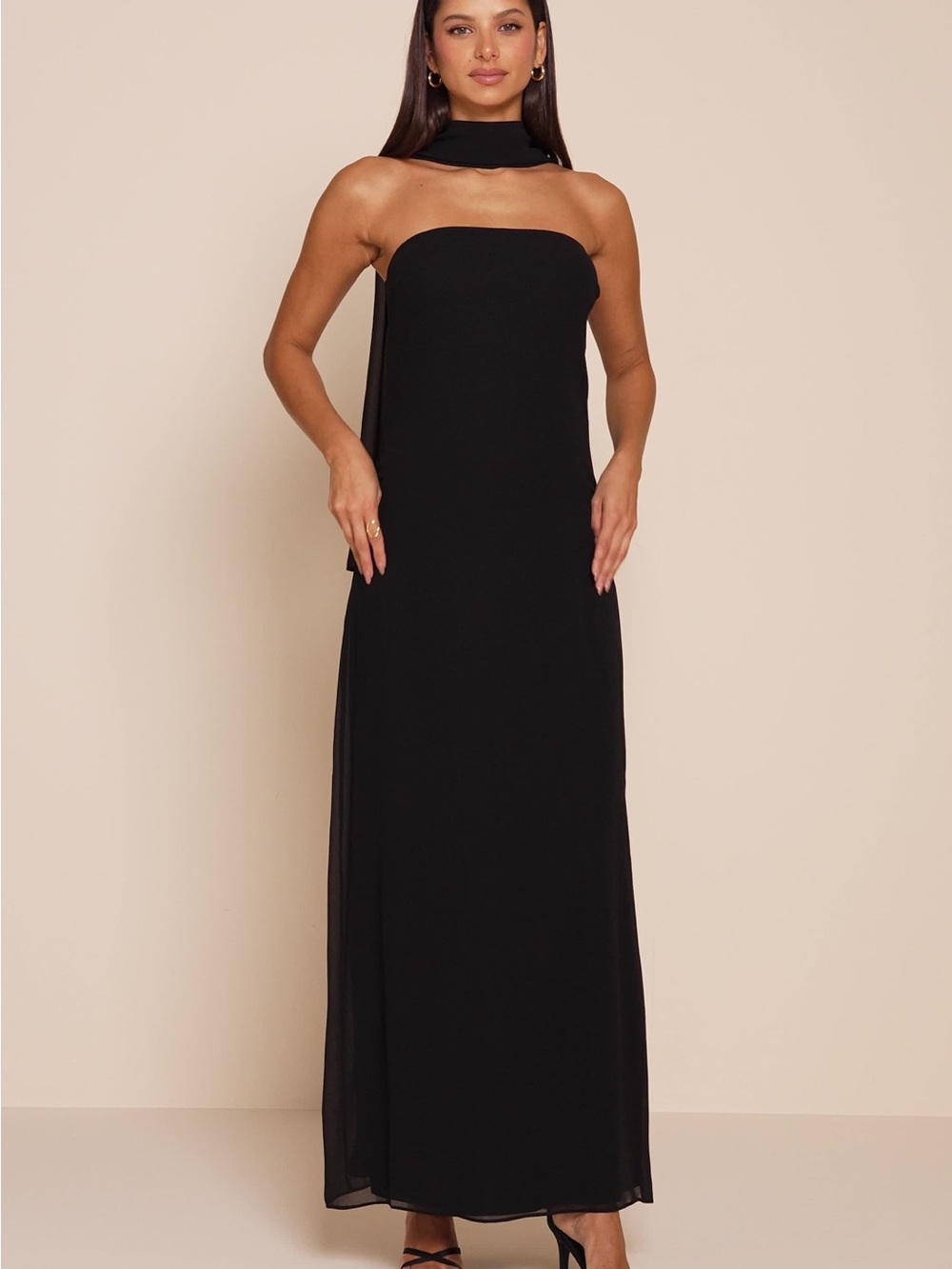 Lulu's Black Strapless Maxi Gown with Neck Scarf
